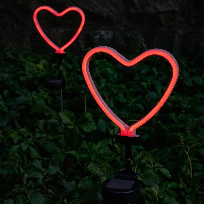 Solar LED Neon Heart Outdoor Garden Décor Stake Light Valentines Heart Lawn Decor, Red