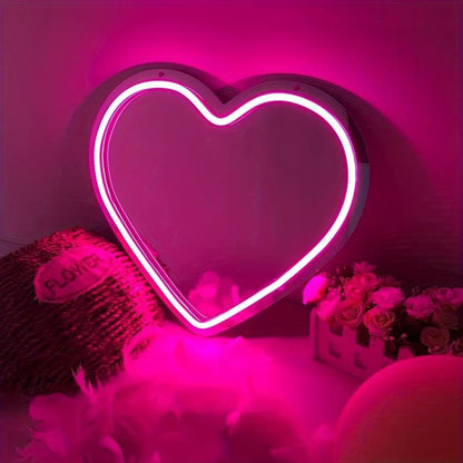 Heart Shaped Mirror Neon Sign, USB Powered LED Neon Sign, Creative Love Heart Dimmable Neon Light for Room, Wedding, Anniversary Decoration