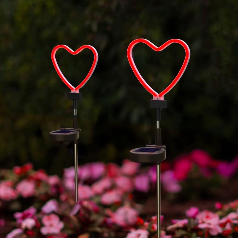 Solar LED Neon Heart Outdoor Garden Décor Stake Light Valentines Heart Lawn Decor, Red