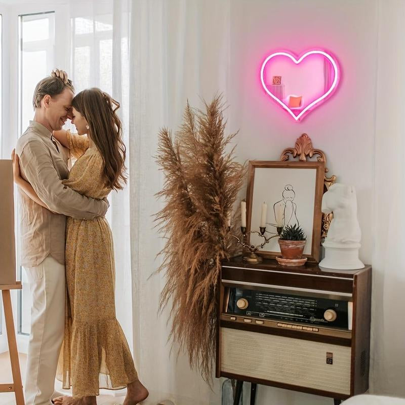 Heart Shaped Mirror Neon Sign, USB Powered LED Neon Sign, Creative Love Heart Dimmable Neon Light for Room, Wedding, Anniversary Decoration