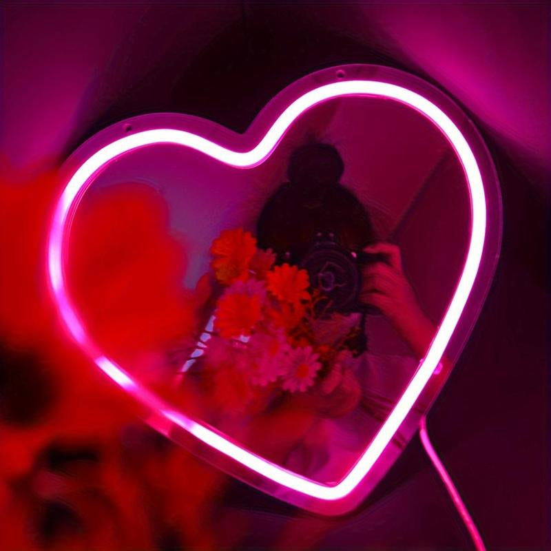 Heart Shaped Mirror Neon Sign, USB Powered LED Neon Sign, Creative Love Heart Dimmable Neon Light for Room, Wedding, Anniversary Decoration