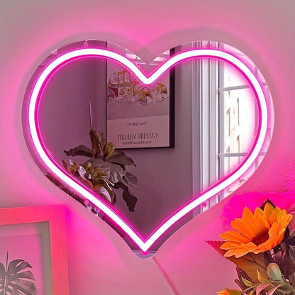 Heart Shaped Mirror Neon Sign, USB Powered LED Neon Sign, Creative Love Heart Dimmable Neon Light for Room, Wedding, Anniversary Decoration