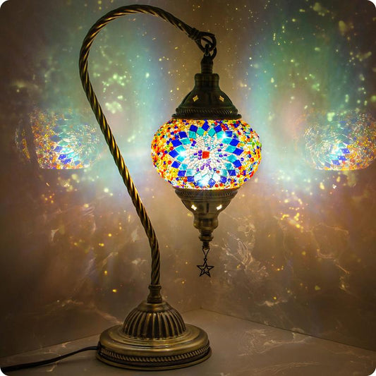 Turkish Moroccan Lamp with Bronze Base 3-Way Color Changing Handmade Swan Neck Tiffany Mosaic Glass Bedside Lamps for Bedroom (LED Bulb Included) (Colorful)