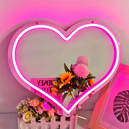 Heart Shaped Mirror Neon Sign, USB Powered LED Neon Sign, Creative Love Heart Dimmable Neon Light for Room, Wedding, Anniversary Decoration