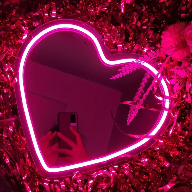 Heart Shaped Mirror Neon Sign, USB Powered LED Neon Sign, Creative Love Heart Dimmable Neon Light for Room, Wedding, Anniversary Decoration